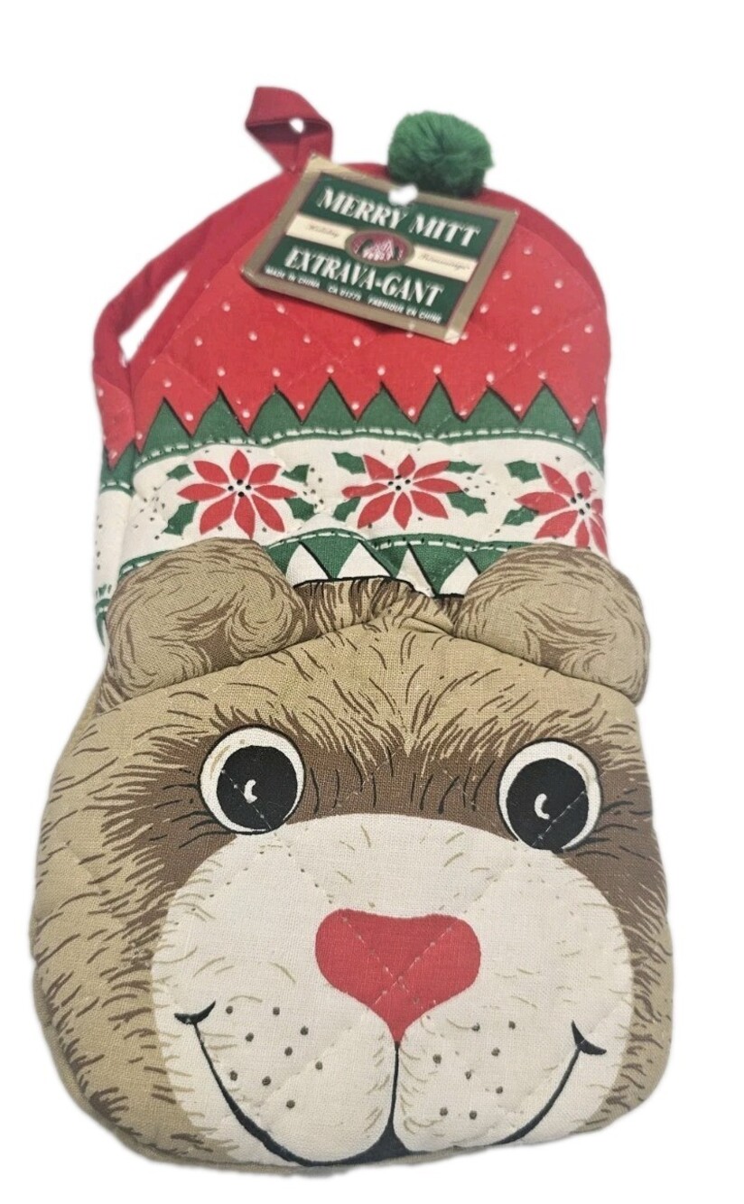Vintage Christmas Puppet Oven Mitts Potholder Bear Open Mouth Quilted